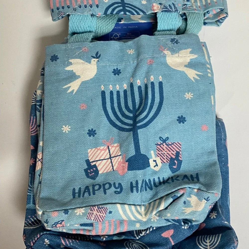 Festive Lights Set of 8 Hanukkah Gift Tote‎ Bags Blue Chanukah Menorah Dreidel